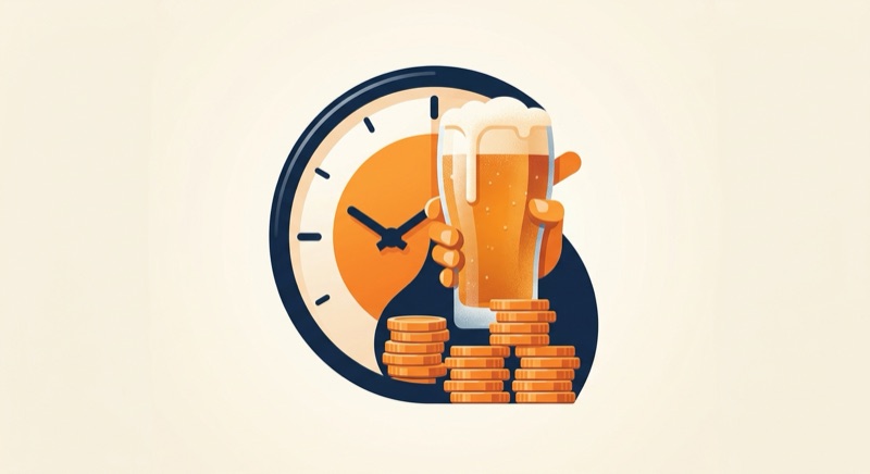 時計とコインとビールで表した相席屋の時間制料金のイメージ