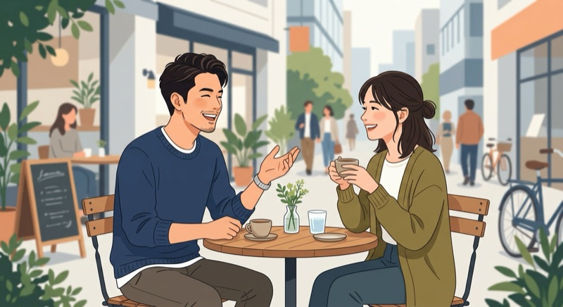 カフェテラスで自然に会話を楽しむ男女
