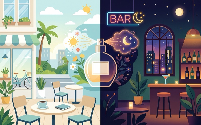 昼のカフェデートと夜のバーでの香水の使い分けを示すイラスト