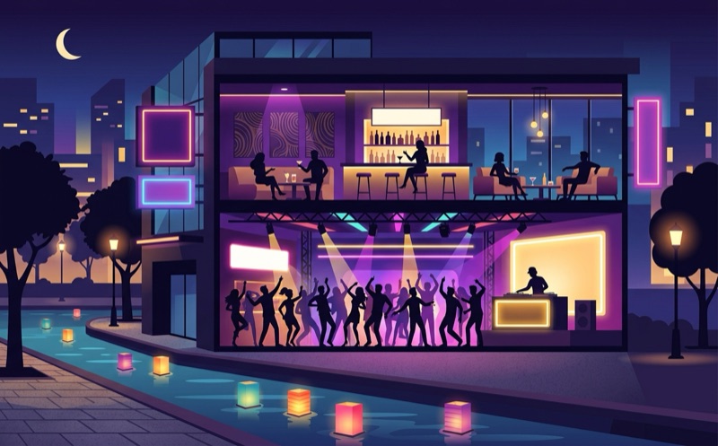 1階がダンスフロア・上階がラウンジになったクラブ狐の2フロア構造イメージ
