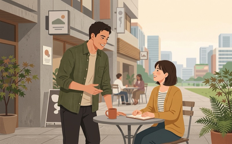 カフェのテラスで男性が女性に自然に話しかけている街ナンパのイメージ