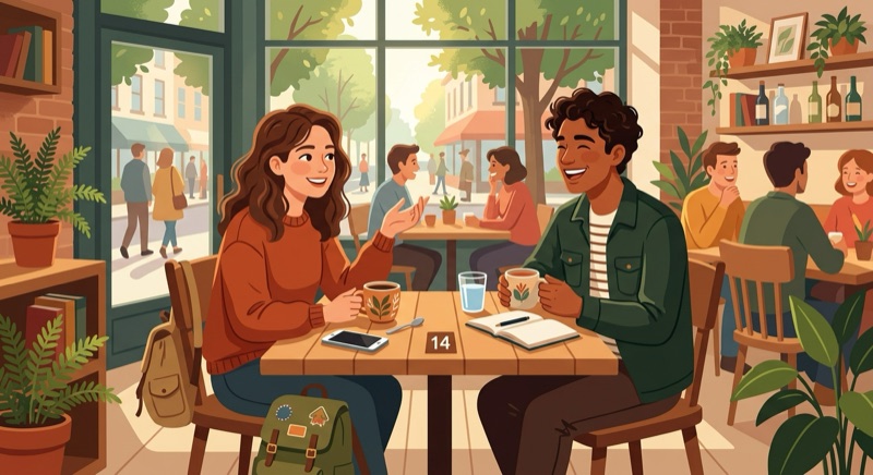 旅行者がカフェで現地の相手と会う様子のイラスト