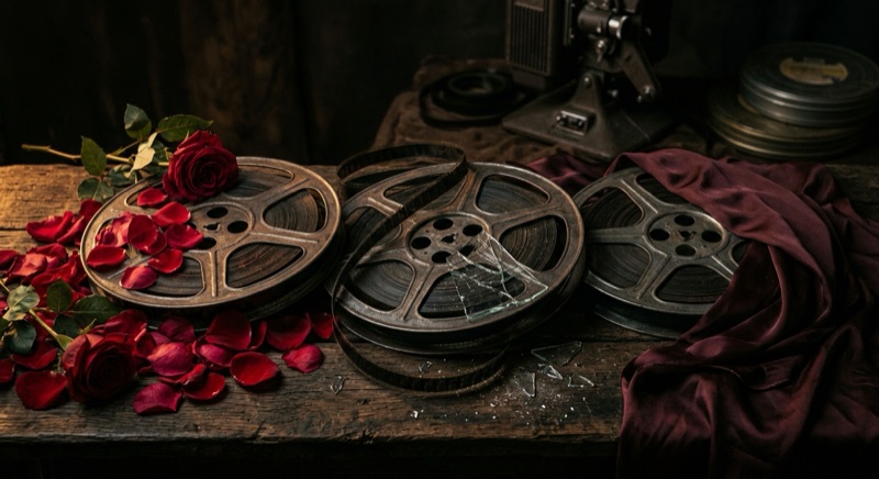 情熱・サスペンス・ドラマを象徴するフィルムリールとバラの花びら