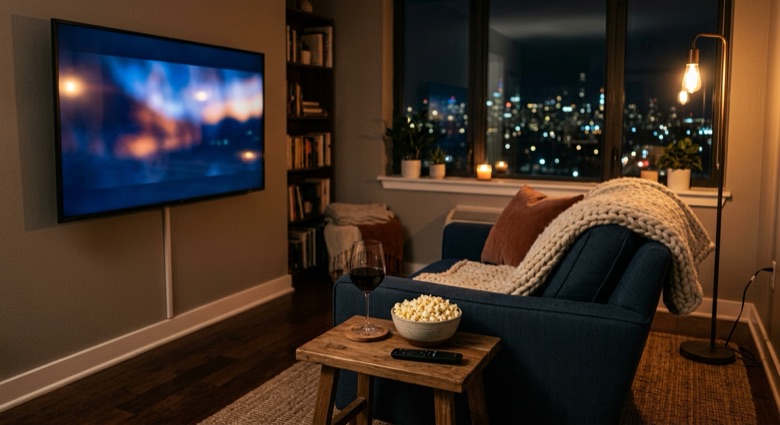 夜景を望む部屋でワインとポップコーンを用意して映画を楽しむくつろぎの空間