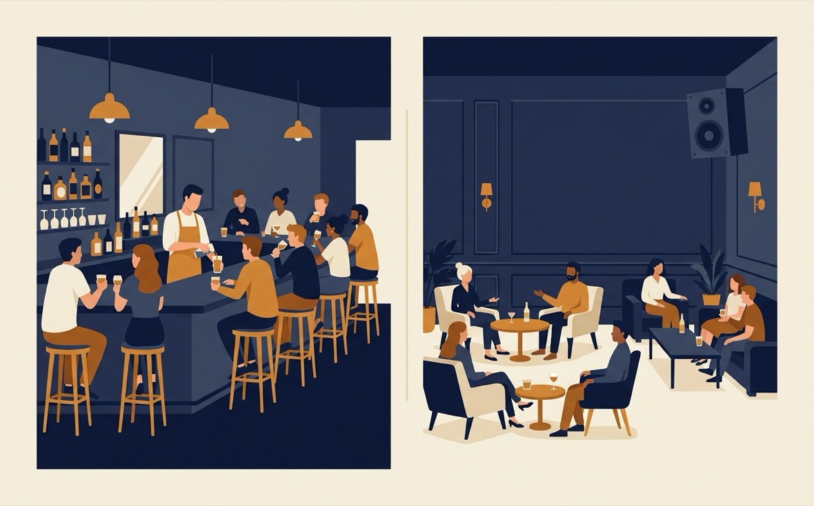 カウンター中心のバーとテーブル席中心のラウンジの比較イラスト