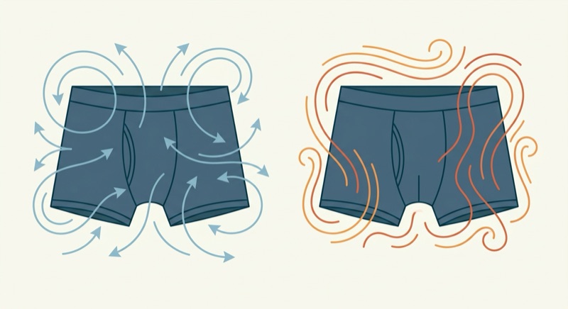 通気性のよい下着と熱と湿気がこもる下着を比較した図