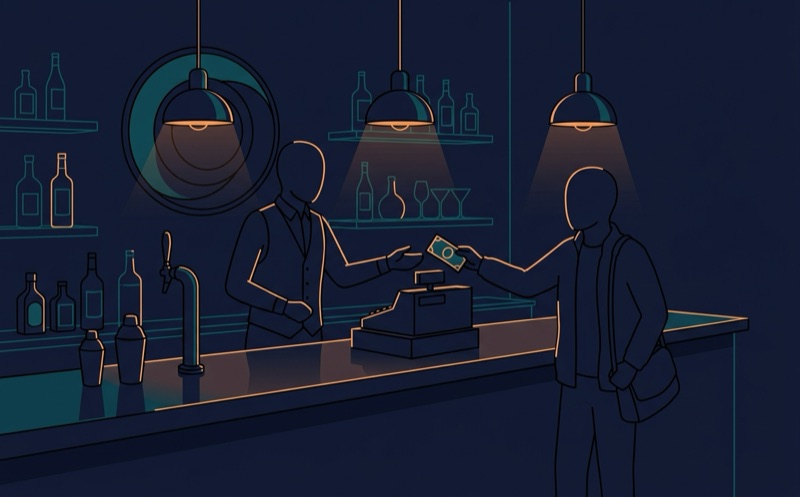 バーのレジでスタッフにペイバー代を現金で支払う場面のイラスト