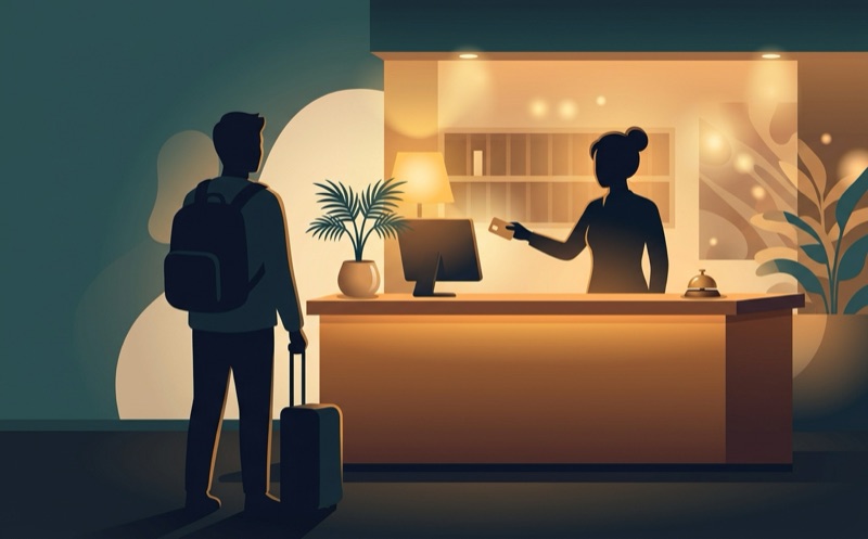 深夜のホテルフロントでカードキーを受け取る旅行者のイラスト