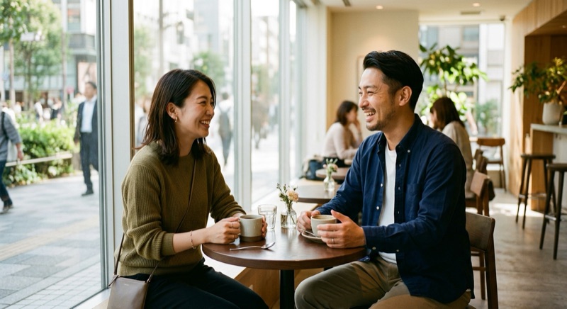 カフェで向かい合って会話する30代の男女