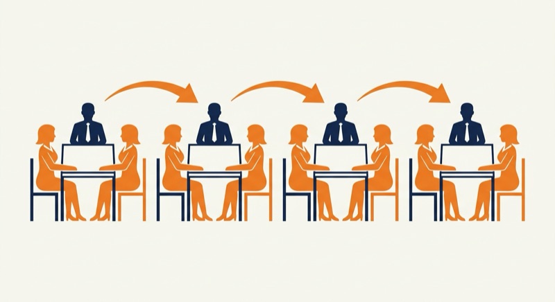 街コンで男性が席を移動しながら女性と話す回転式トークタイムの流れの図