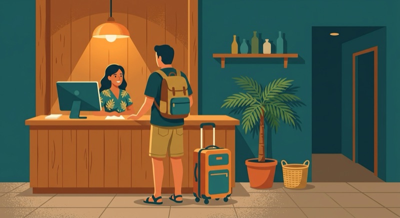 マカティのホテルフロントでチェックインする男性旅行者のイラスト