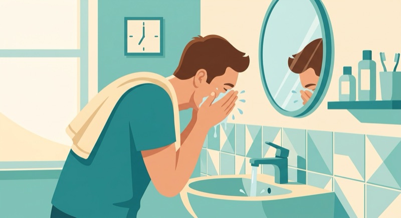 洗面台で朝の洗顔をする男性と壁の時計のイラスト