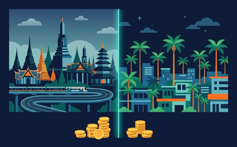 タイとフィリピンの街並みと費用を比較するイラスト