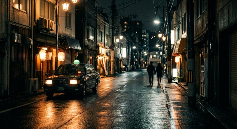 深夜の街でタクシーを待つ人と歩き去るカップルのシルエット