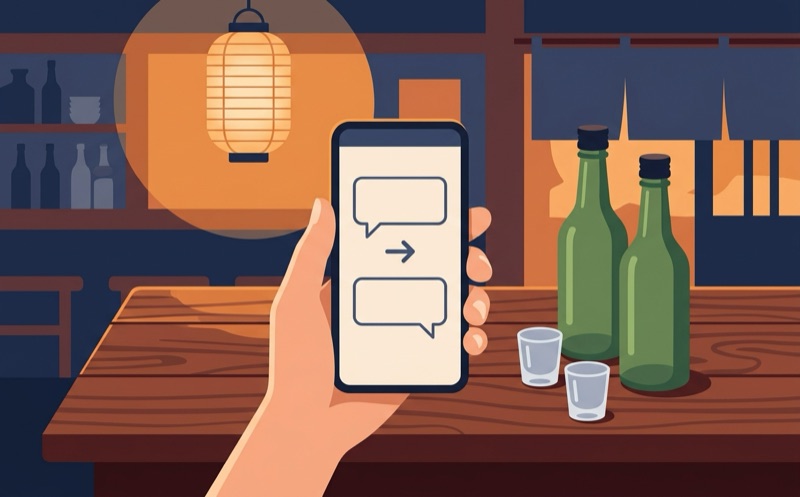 居酒屋のテーブルで翻訳アプリを開いたスマホと緑の瓶