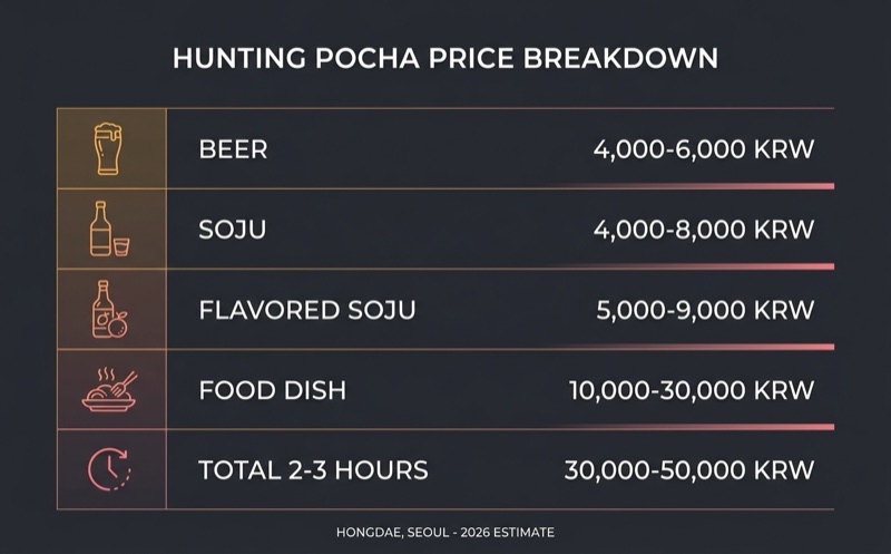 弘大のハンティングポチャの価格内訳（ビール・ソジュ・料理・2〜3時間の総額）