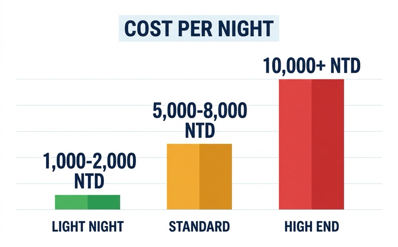 林森北路の一晩の総額を1000〜2000NTD・5000〜8000NTD・10000NTD超の3段階で示した棒グラフ